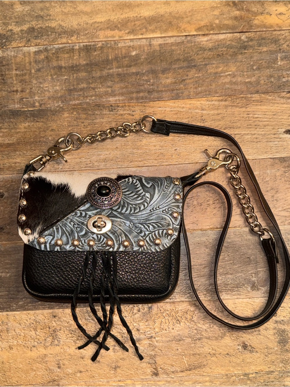 HIP BAG CO Black Western Cowhide Tooled Leather Crossbody Bag w/ Fringe